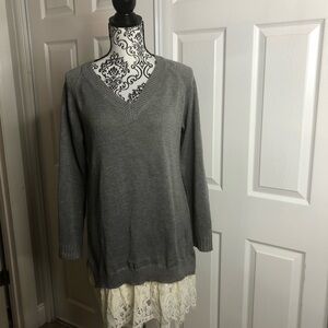 Racheal Sweater Dress Tunic Lace Bottom S/M Gray Offwhite